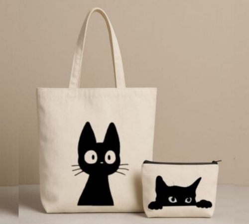 ALYONA Cute Black Cat Canvas Tote Bag with Matching Zipper Pouch –